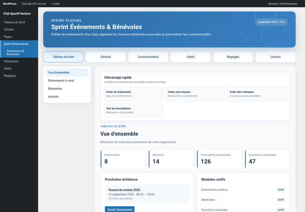 Illustration 1 — Documentation Sprint Événements & Bénévoles Free + Pro 1.0.0
