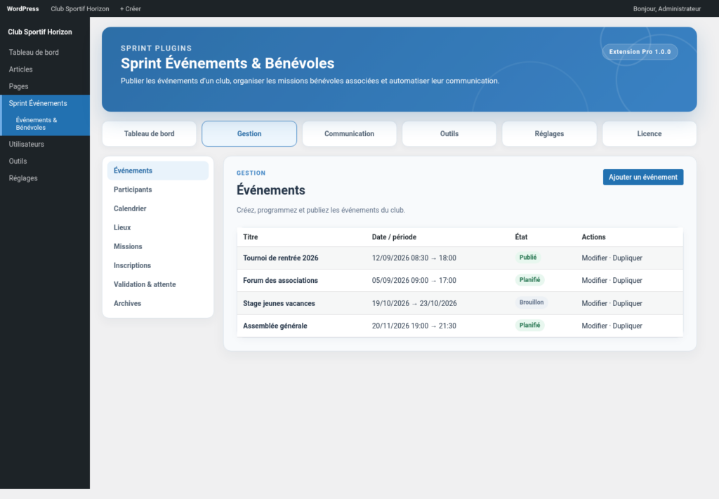 Illustration 2 — Documentation Sprint Événements & Bénévoles Free + Pro 1.0.0