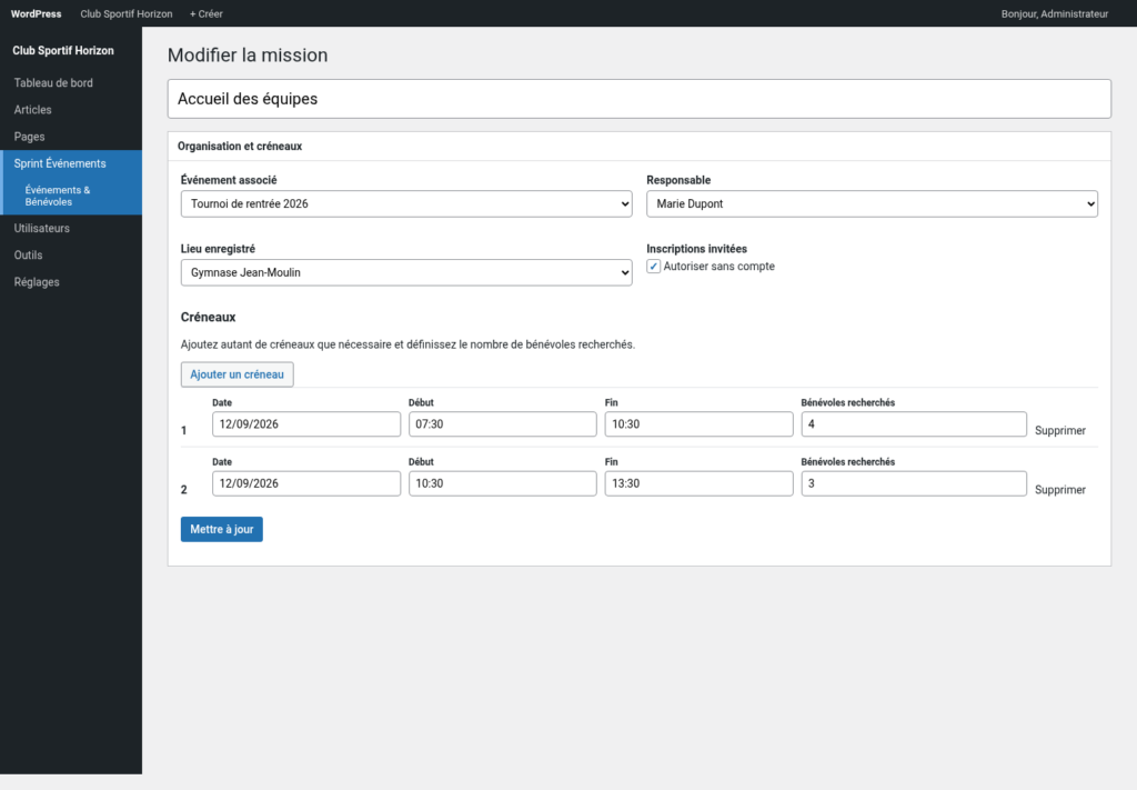 Illustration 4 — Documentation Sprint Événements & Bénévoles Free + Pro 1.0.0