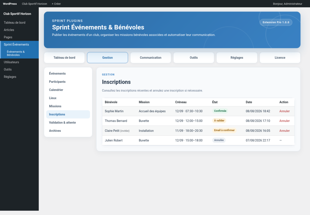 Illustration 5 — Documentation Sprint Événements & Bénévoles Free + Pro 1.0.0