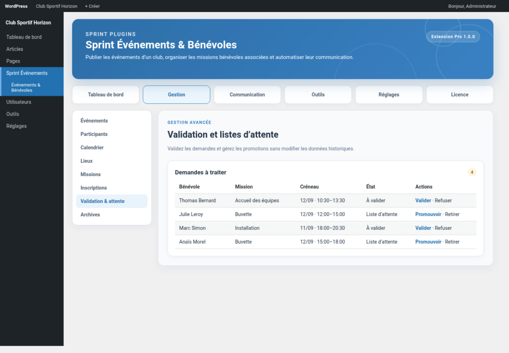 Illustration 12 — Documentation Sprint Événements & Bénévoles Free + Pro 1.0.0